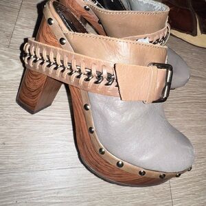 Gianni Bini Tan and Cream Mules with Studded Detail